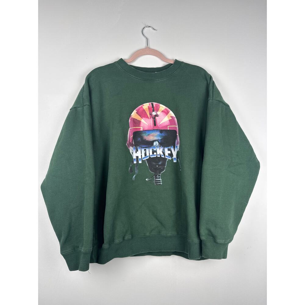 Hockey Sz. XL Green Faded Crewneck Sweater w/ Pilot Graphic